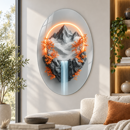 Turuncu haleli dağ ve şelale manzaralı oval dikey cam tablo alternatif premium mekân