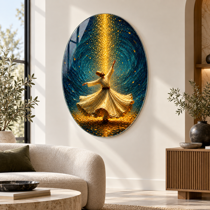 Lacivert ve gold ışıltılı semazen oval dikey cam tablo premium salon