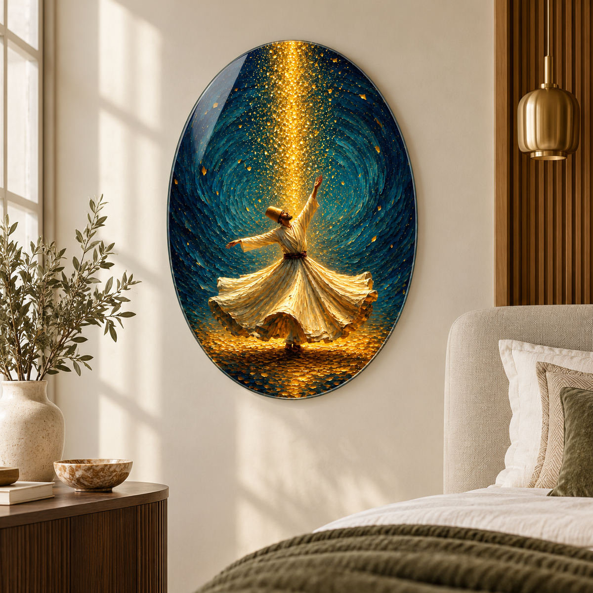 Lacivert ve gold ışıltılı semazen oval dikey cam tablo farklı premium mekân