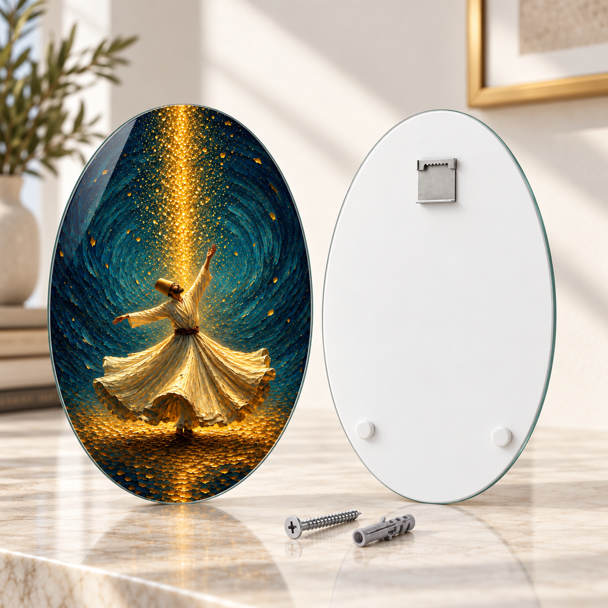 Oval dikey cam tablo ön ve arka yüz; üst ortada tek CAMDEKO hazır çelik askı ve altta iki beyaz tampon