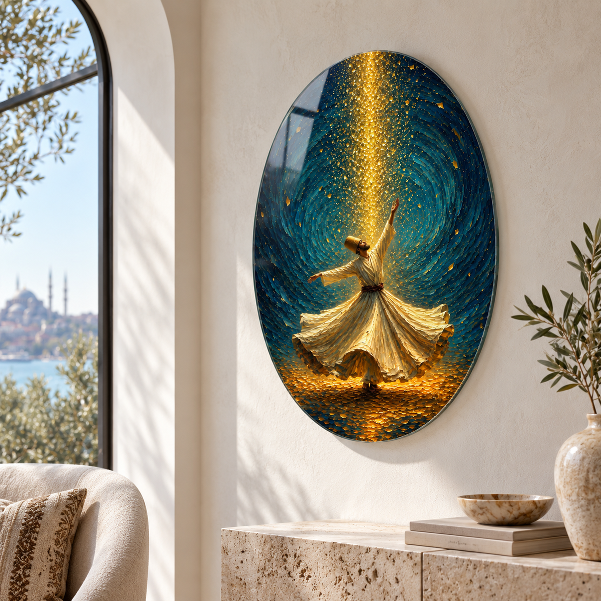 Lacivert ve gold ışıltılı semazen oval dikey cam tablo alternatif premium mekân