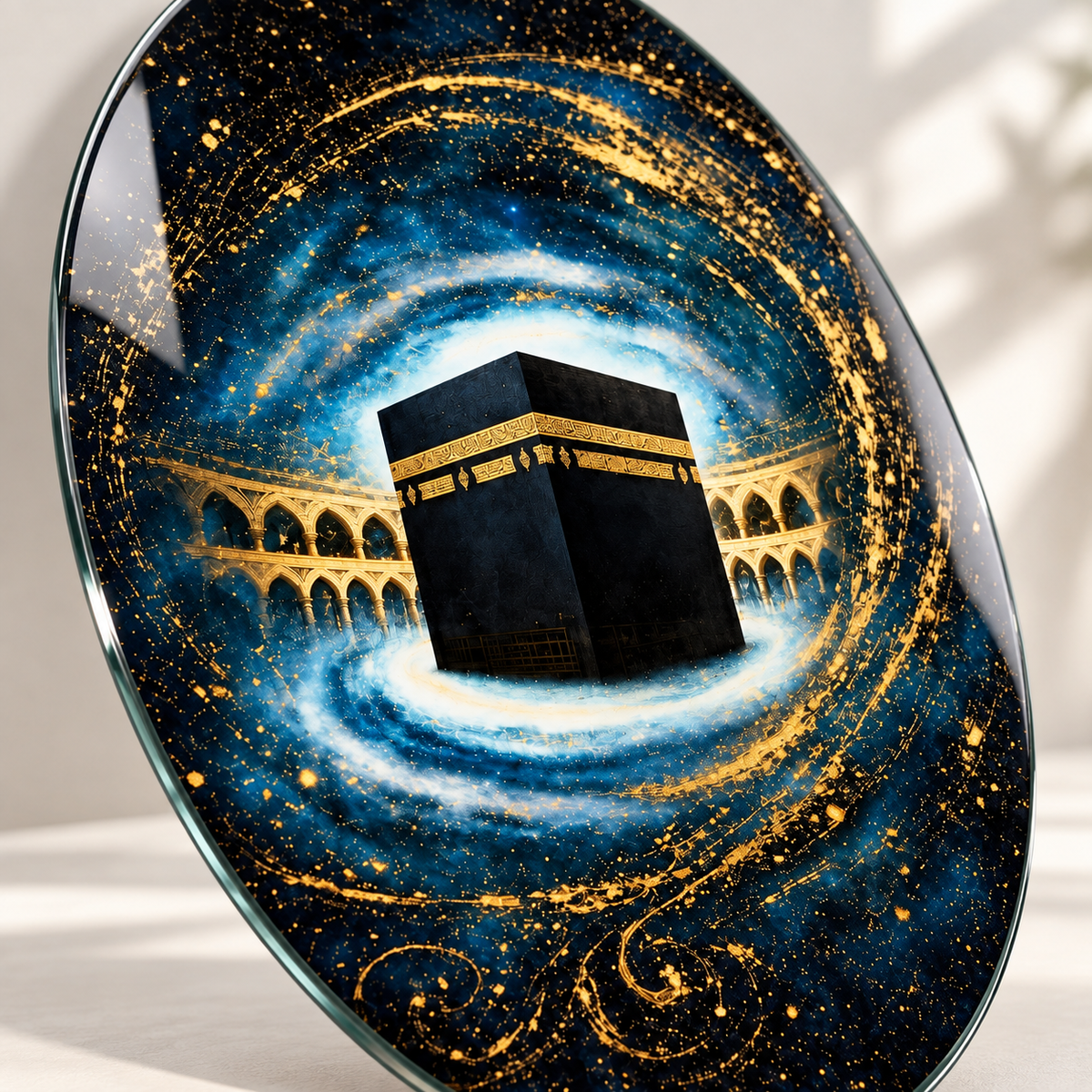 Lacivert gold kozmik Kabe temalı oval dikey cam tabloda UV baskı detay