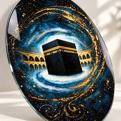 Lacivert gold kozmik Kabe temalı oval dikey cam tabloda UV baskı detay