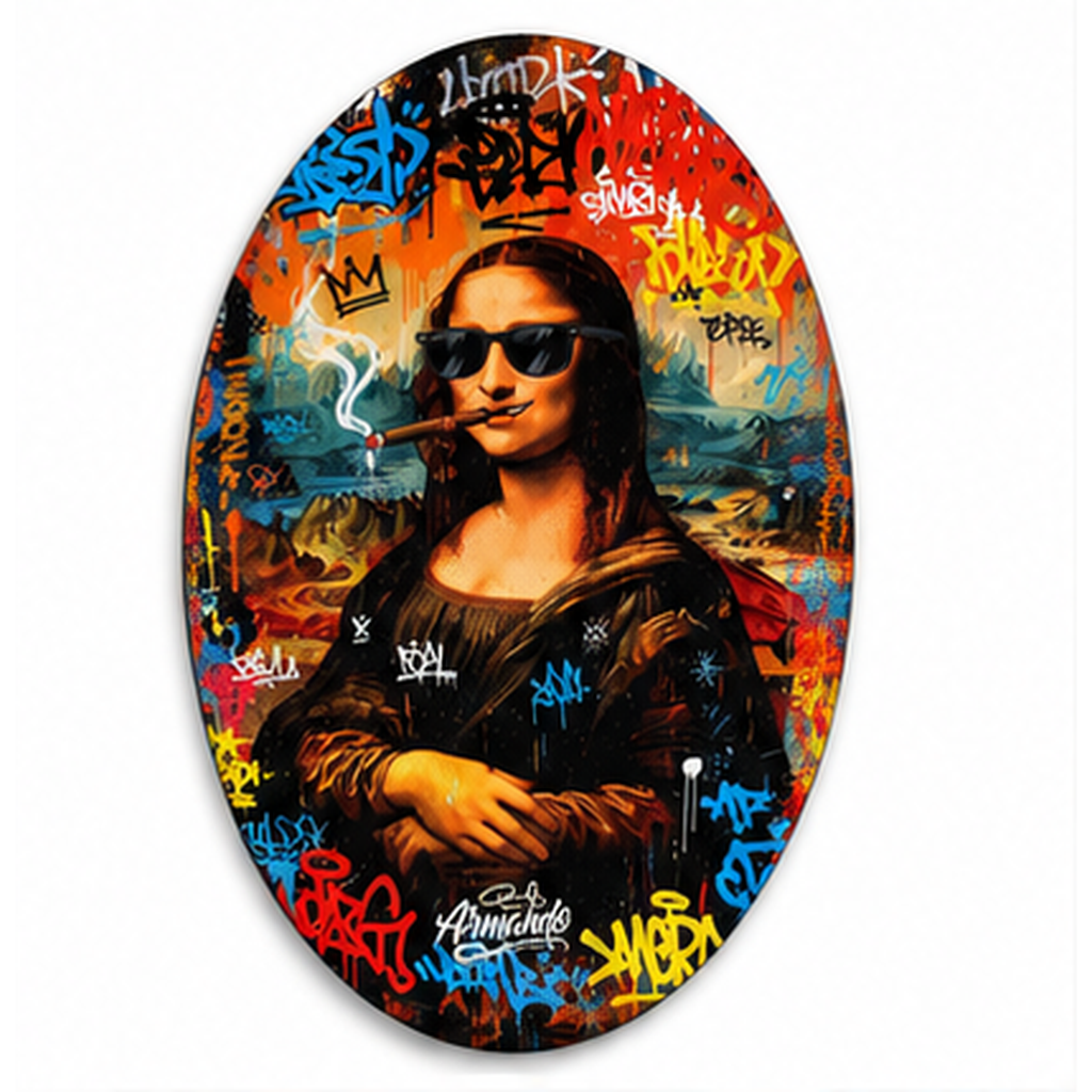 Graffiti Mona Lisa oval dikey cam tablo beyaz zemin vitrin