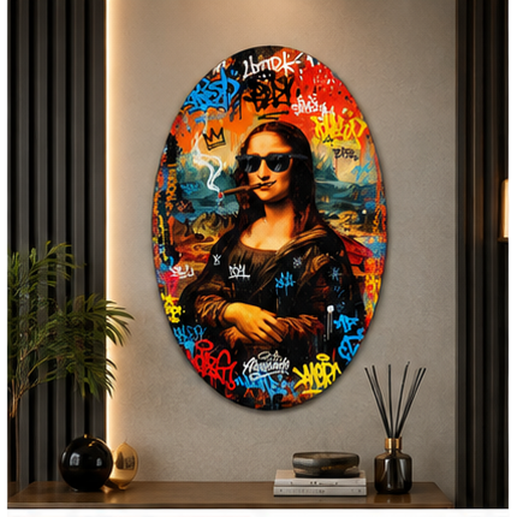 Graffiti Mona Lisa oval dikey cam tablo premium mekân