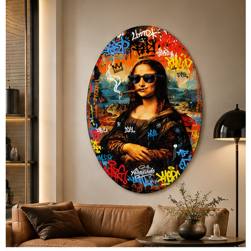 Graffiti Mona Lisa oval dikey cam tablo farklı premium mekân