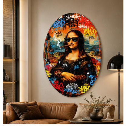 Graffiti Mona Lisa oval dikey cam tablo farklı premium mekân