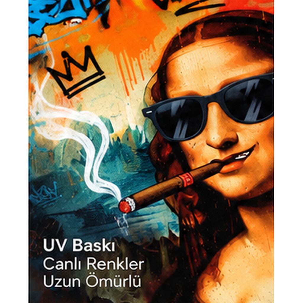 Graffiti Mona Lisa oval dikey cam tabloda UV baskı detay