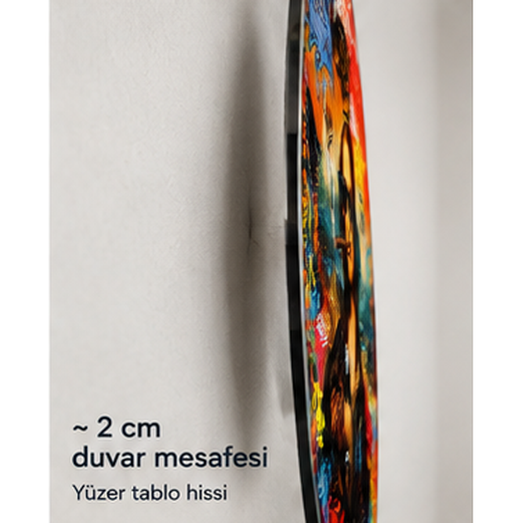 Oval dikey cam tablo yaklaşık 2 cm duvar mesafesi ve yüzer görünüm
