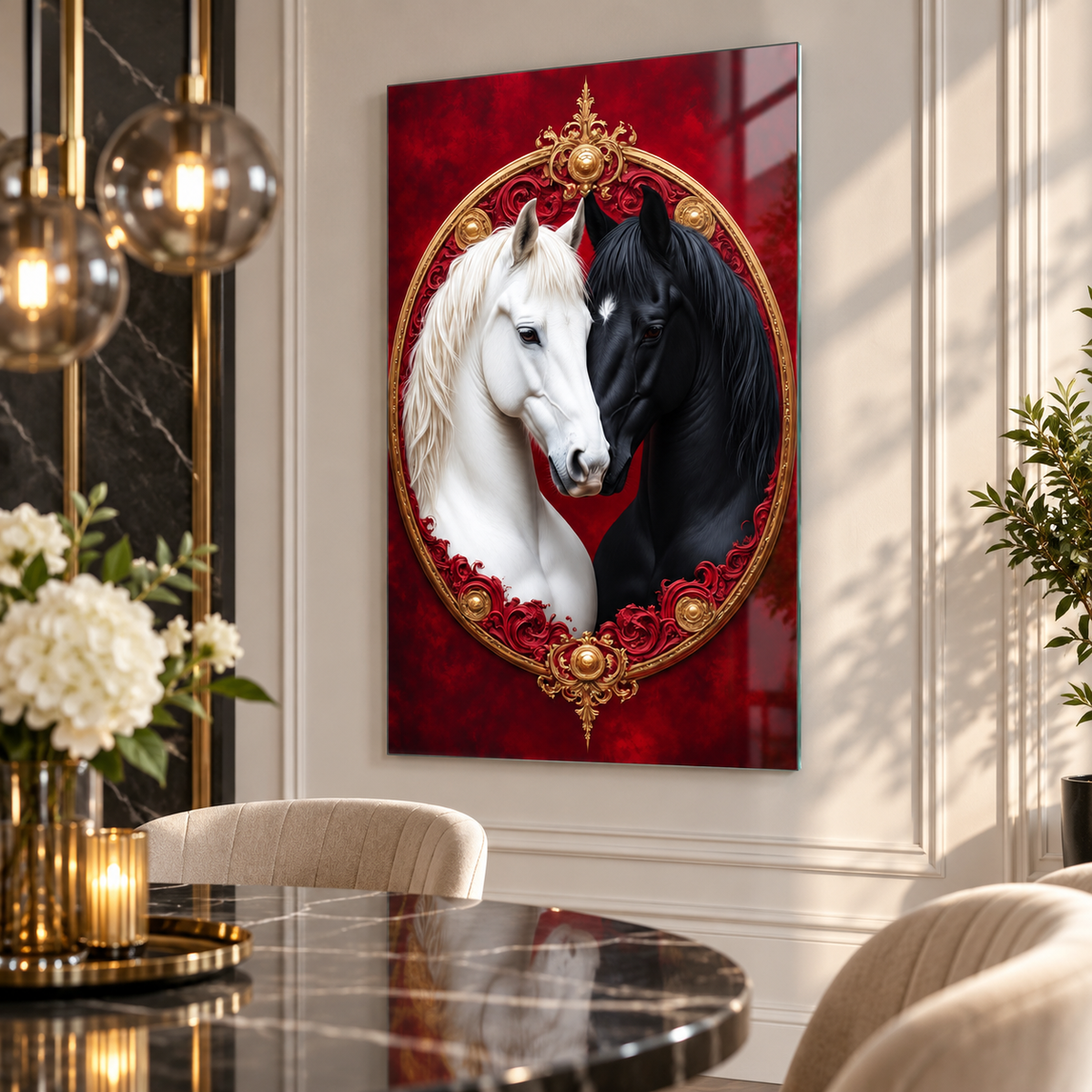 Siyah beyaz atlar kırmızı gold barok dikey cam tablo premium iç mekan