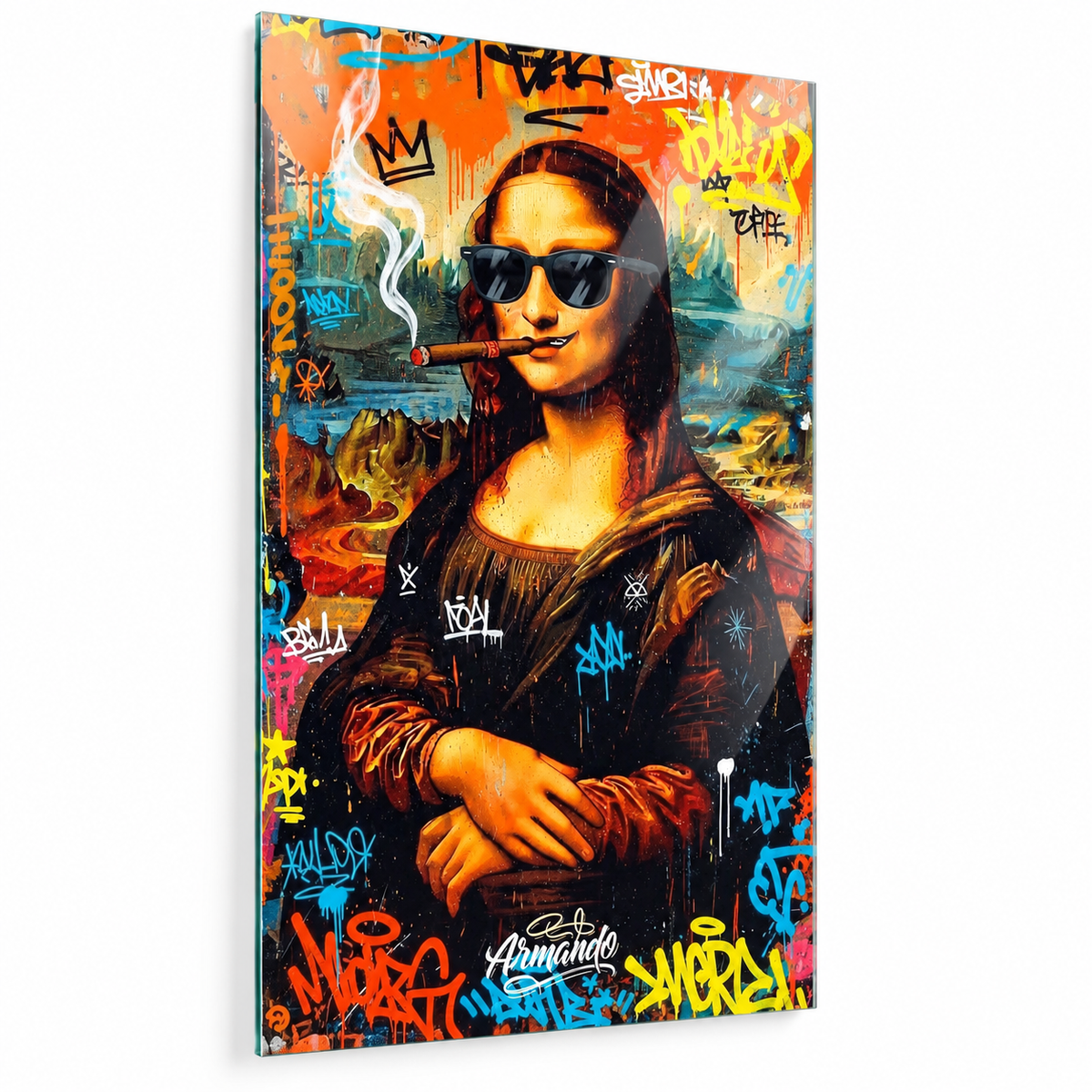 Graffiti Mona Lisa modern sanat dikey cam tablo beyaz zemin