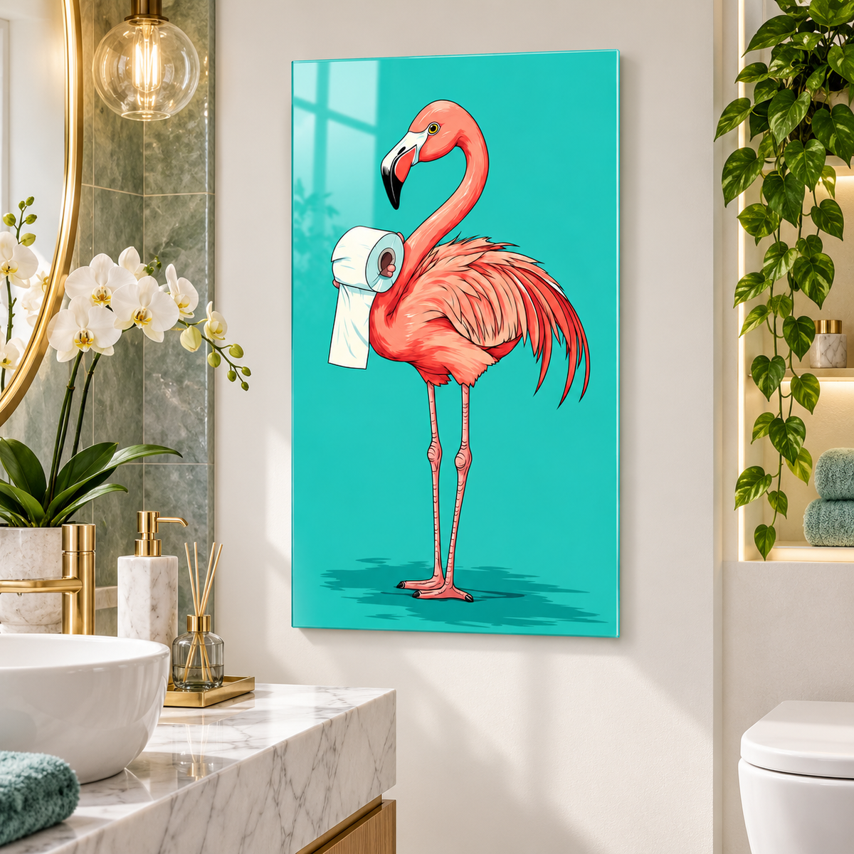 Turkuaz flamingo esprili dikey cam tablo modern banyo
