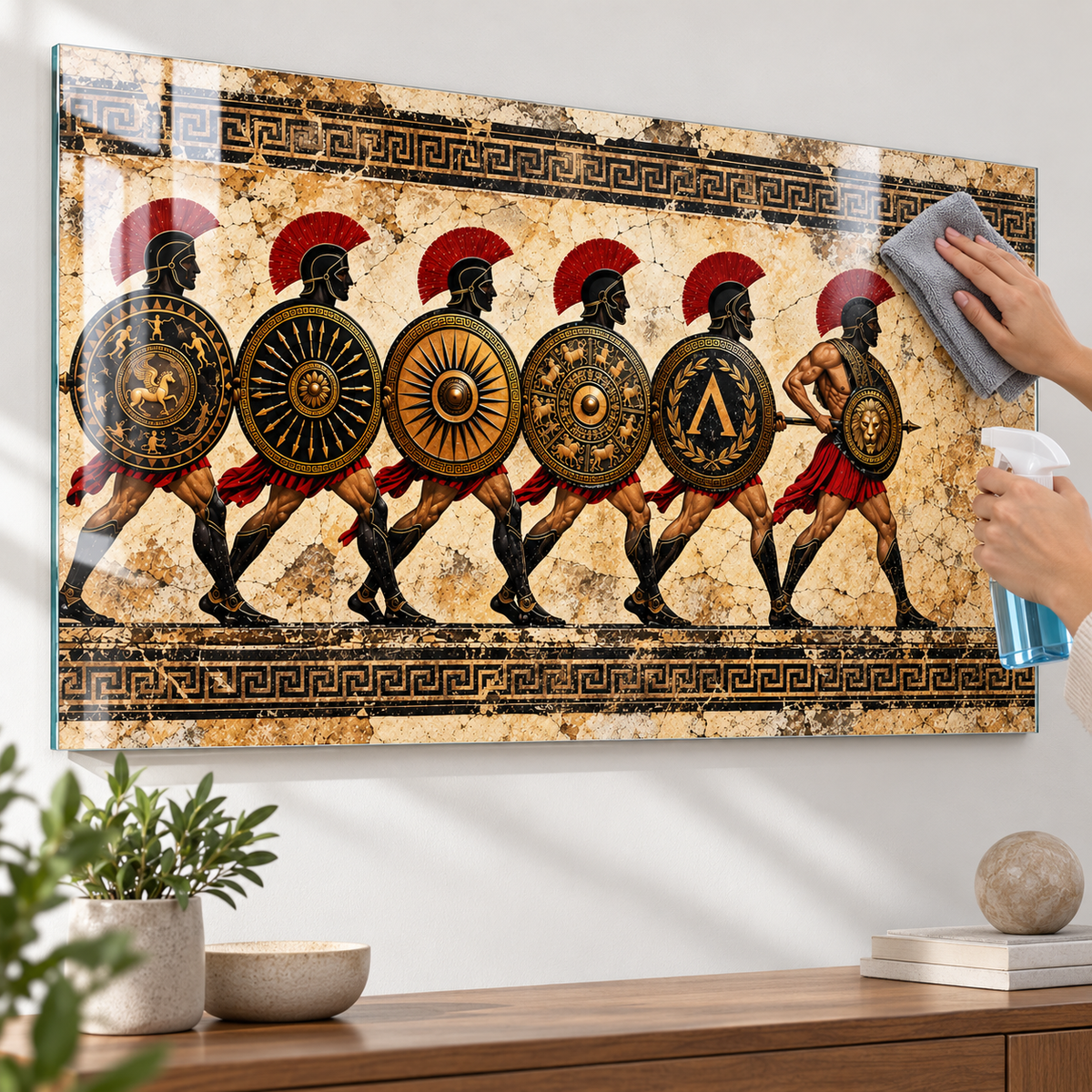 Spartalı savaşçılar yatay cam tablo mikrofiber bez ve cam temizleyici ile temizlik