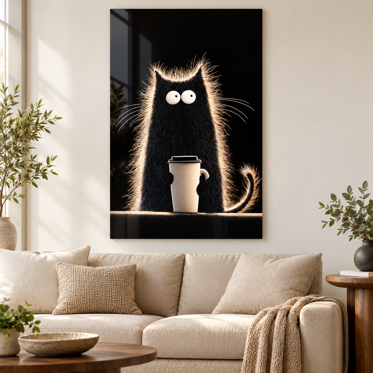 Premium salonda kahve kupalı siyah kedi dikey cam tablo