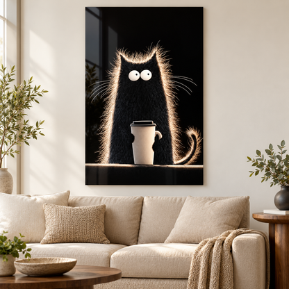 Premium salonda kahve kupalı siyah kedi dikey cam tablo