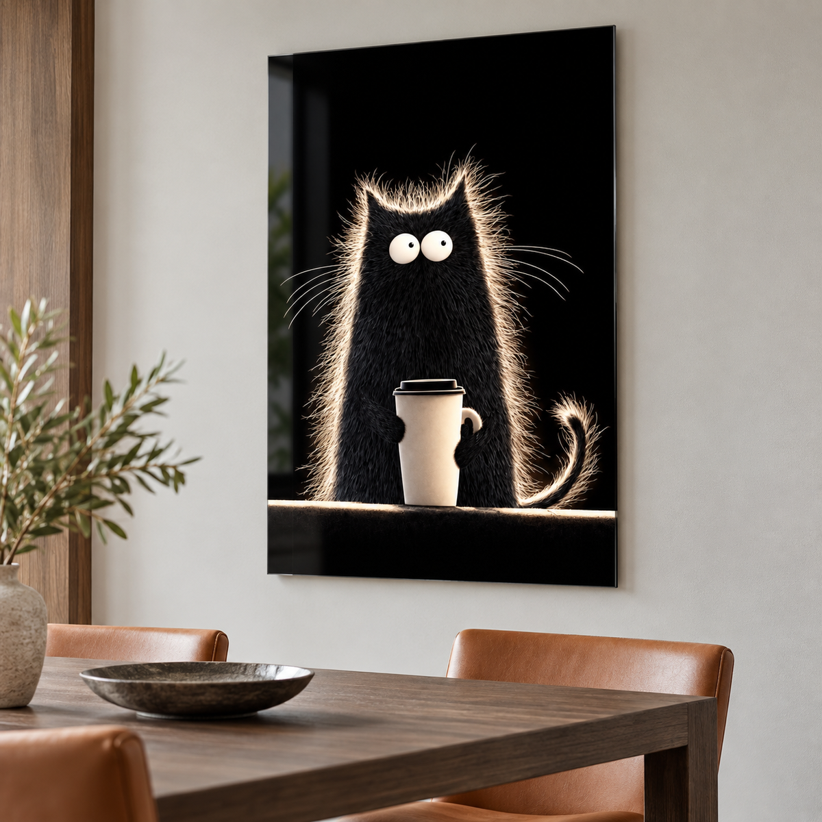 Yemek odasında kahve kupalı siyah kedi dikey cam tablo