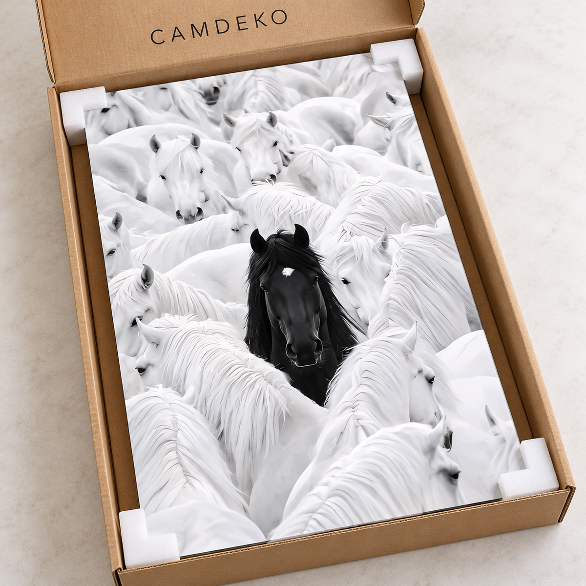 At desenli cam tablo, CAMDEKO kraft kutu ve koruyucu köşeler