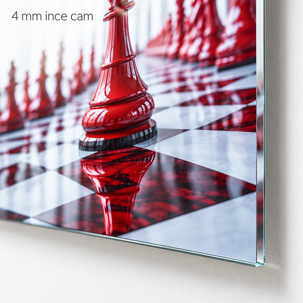 Kırmızı satranç dikey cam tablo, 4 mm ince rodajlı cam kenarı