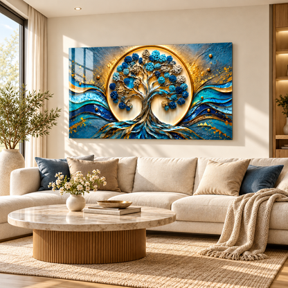 Turkuaz Altın Haleli Hayat Ağacı Yatay Cam Tablo - Premium salon