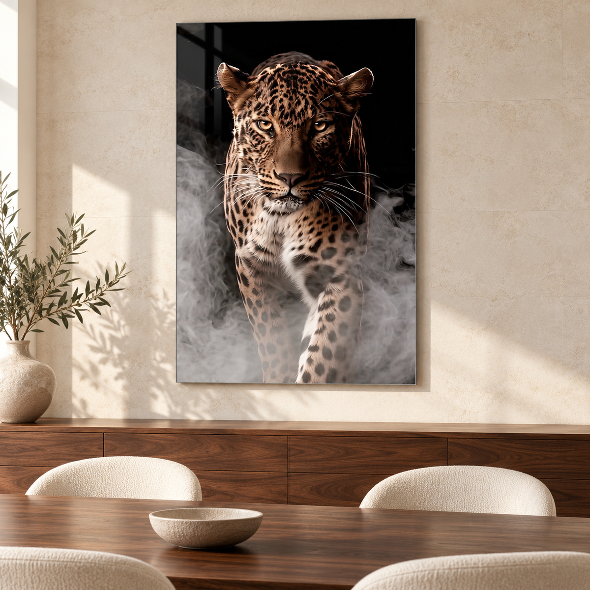 Sisler İçinde Leopar Dikey Cam Tablo - Yemek odası