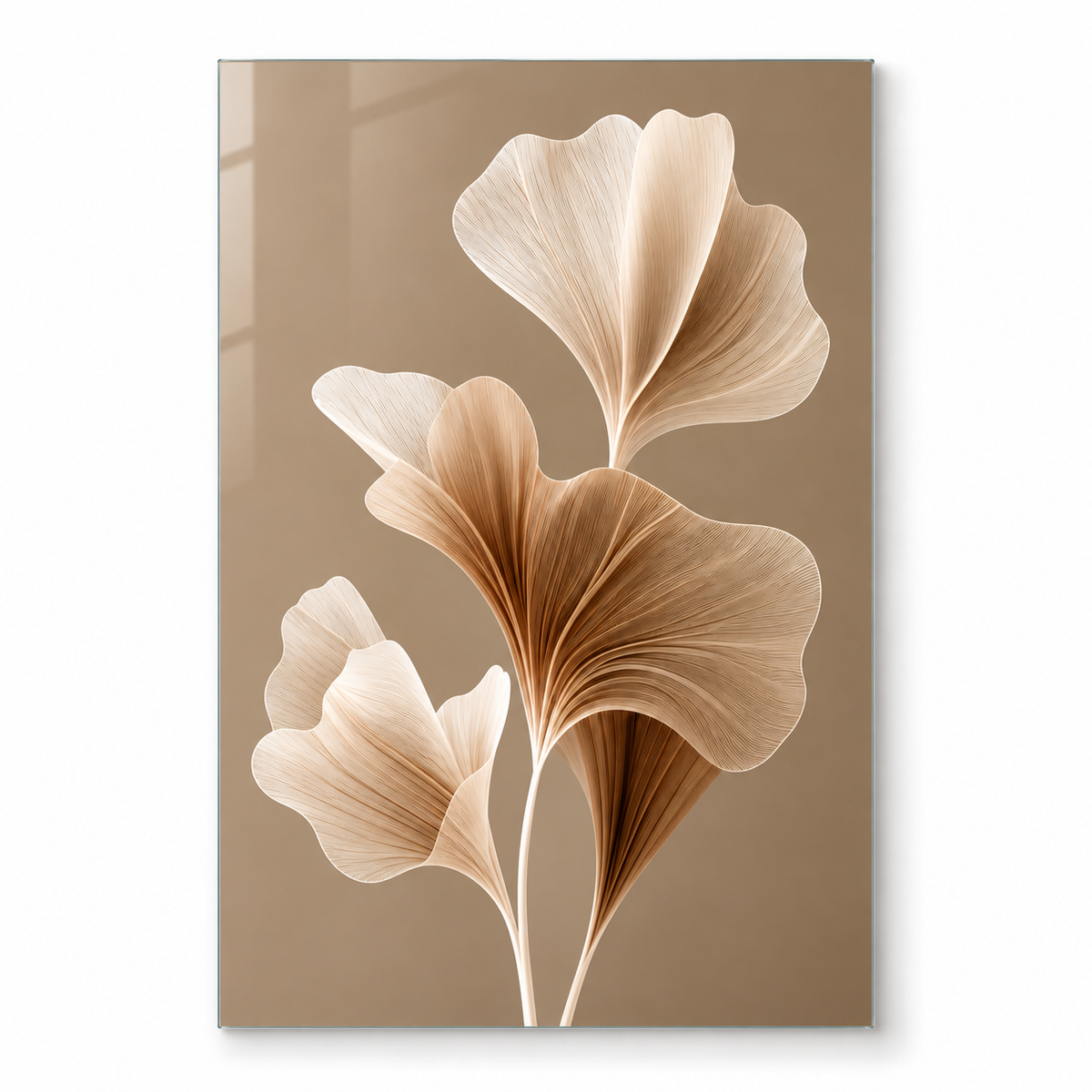 Taupe Zeminli Krem Bronz Ginkgo Dikey Cam Tablo - Beyaz zemin vitrin