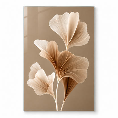 Taupe Zeminli Krem Bronz Ginkgo Dikey Cam Tablo - Beyaz zemin vitrin