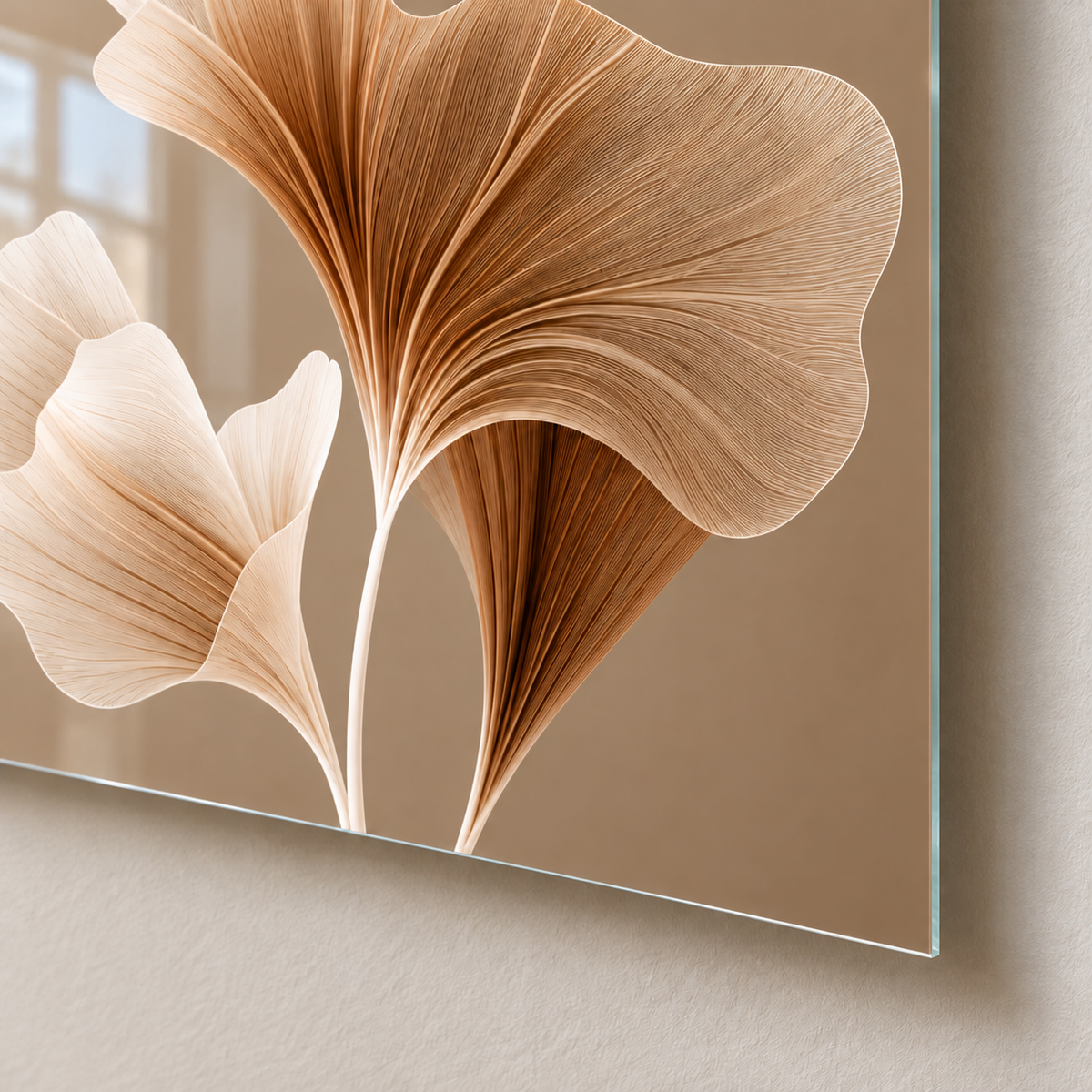 Taupe Zeminli Krem Bronz Ginkgo Dikey Cam Tablo - 4 mm ince cam kenarı