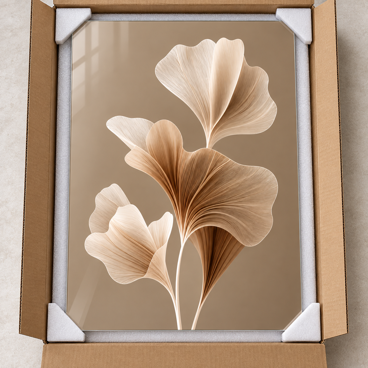 Taupe Zeminli Krem Bronz Ginkgo Dikey Cam Tablo - Koruyucu paketleme