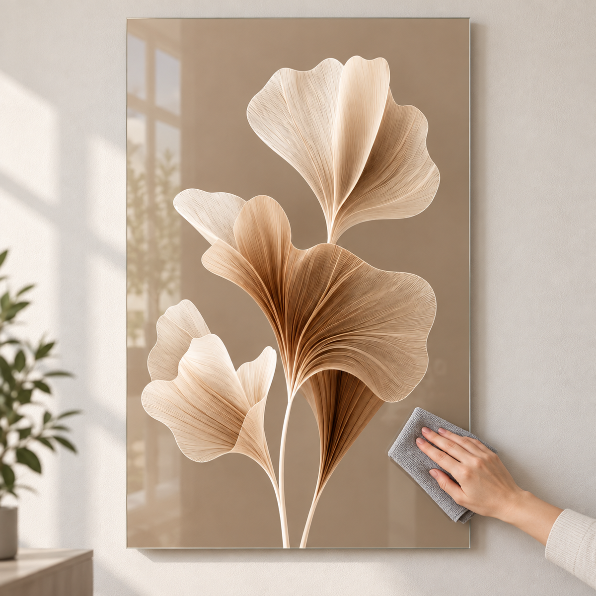 Taupe Zeminli Krem Bronz Ginkgo Dikey Cam Tablo - Kolay temizlik