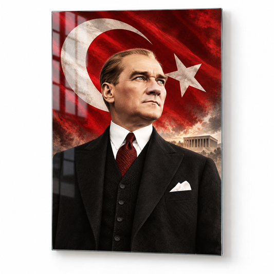 Atatürk Türk Bayrağı ve Anıtkabir Dikey Cam Tablo - Beyaz zemin vitrin