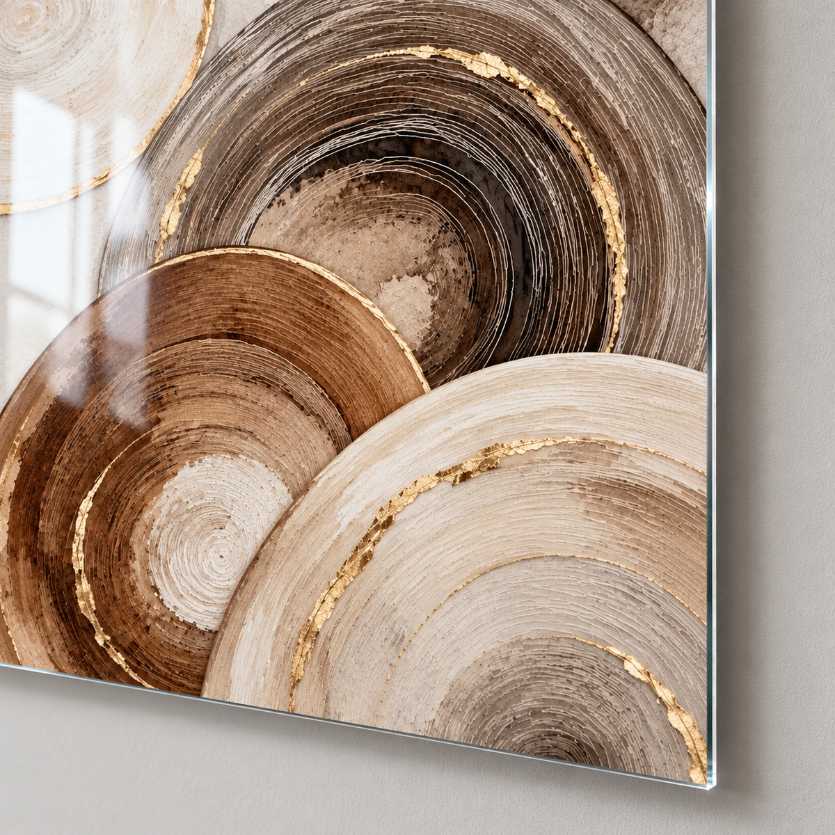 Krem Bronz Altın Halkalar Dikey Cam Tablo - 4 mm cam kenarı