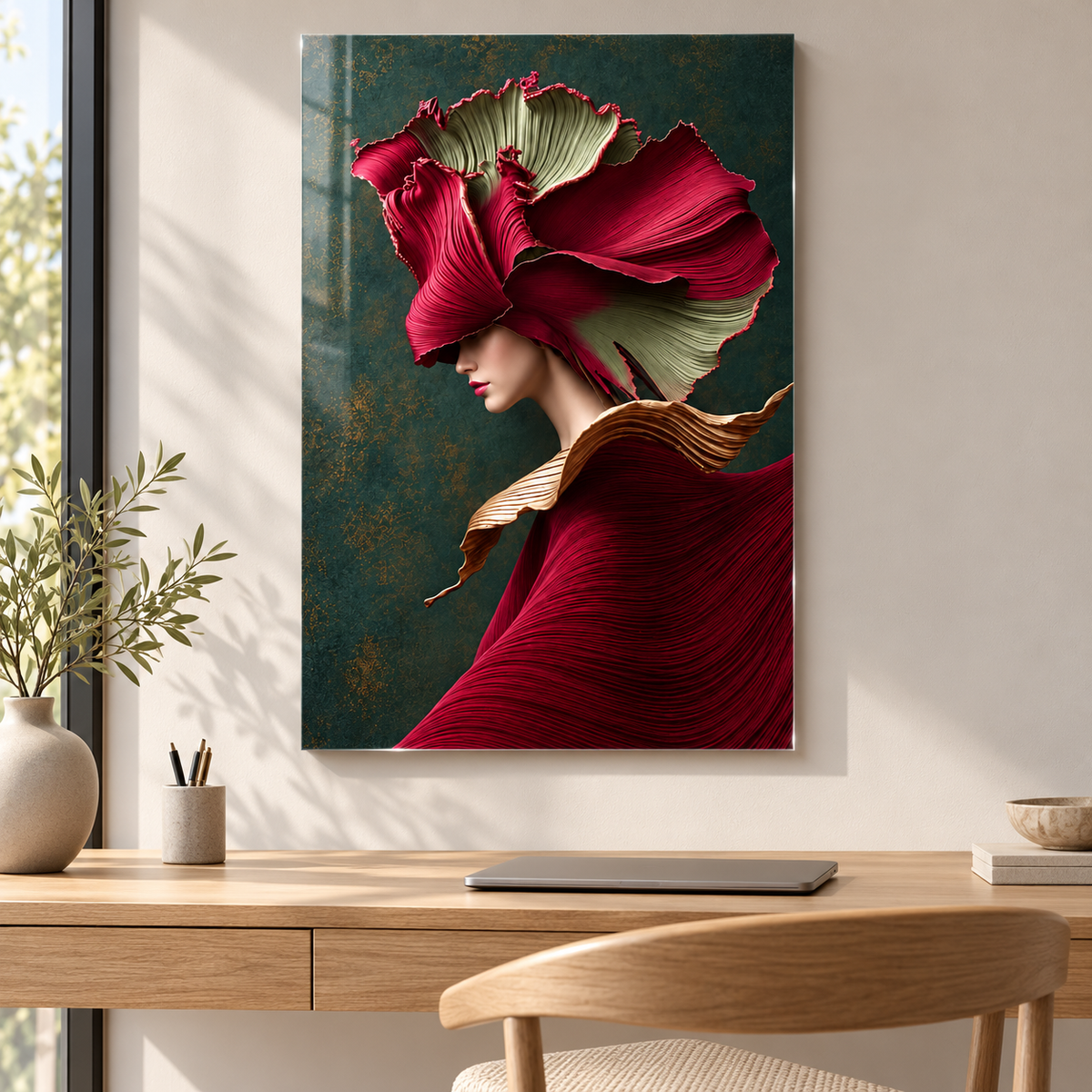 Bordo Çiçek Başlıklı Kadın Dikey Cam Tablo - Çalışma odası