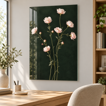 Koyu Yeşil Zeminli Pembe Çiçekler Dikey Cam Tablo - Çalışma odası