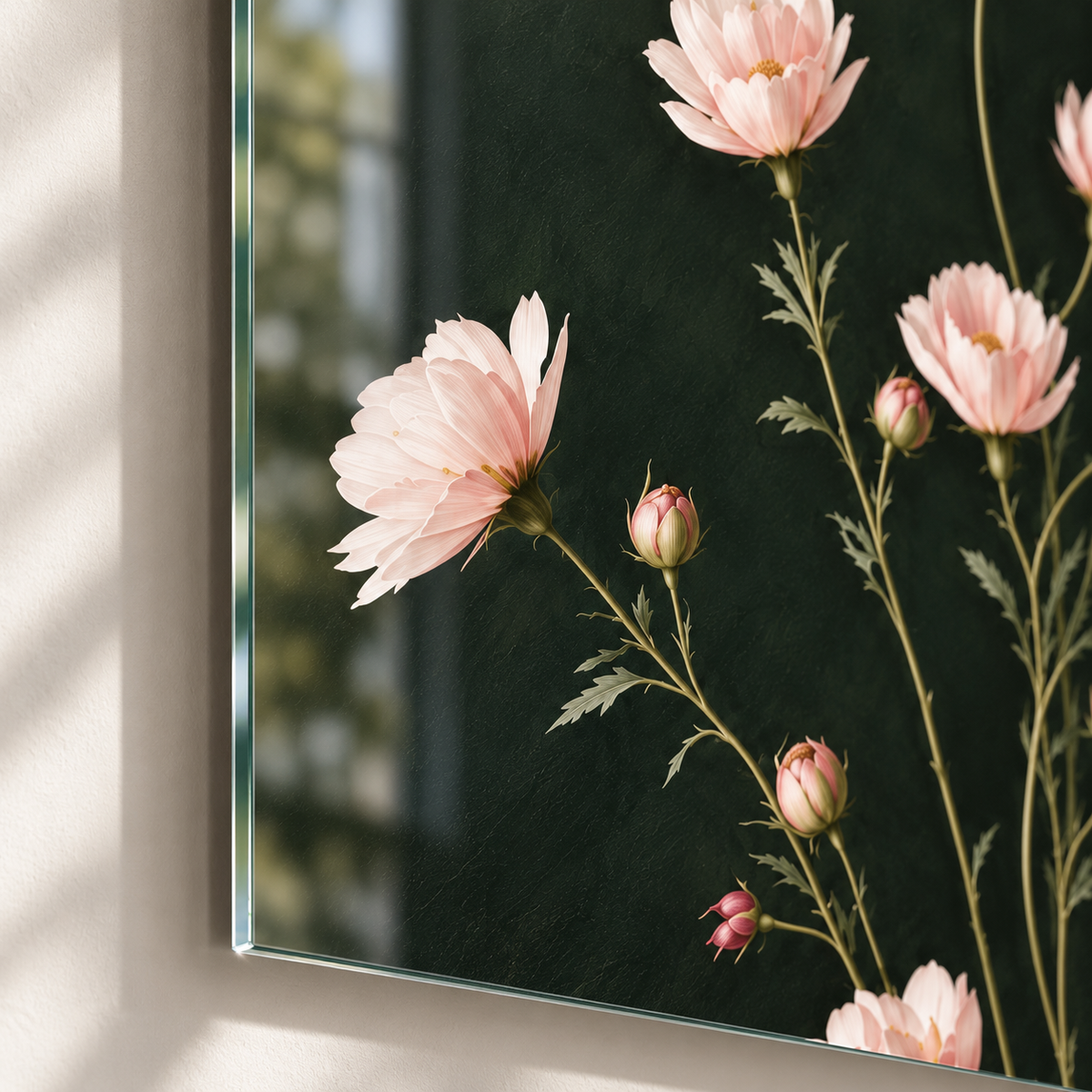 Koyu Yeşil Zeminli Pembe Çiçekler Dikey Cam Tablo - 4 mm ince cam kenarı