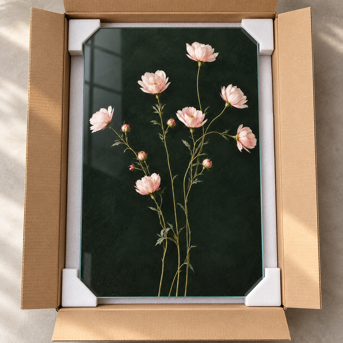 Koyu Yeşil Zeminli Pembe Çiçekler Dikey Cam Tablo - Koruyucu paketleme