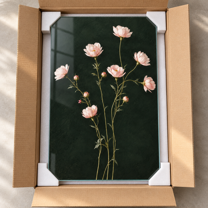 Koyu Yeşil Zeminli Pembe Çiçekler Dikey Cam Tablo - Koruyucu paketleme
