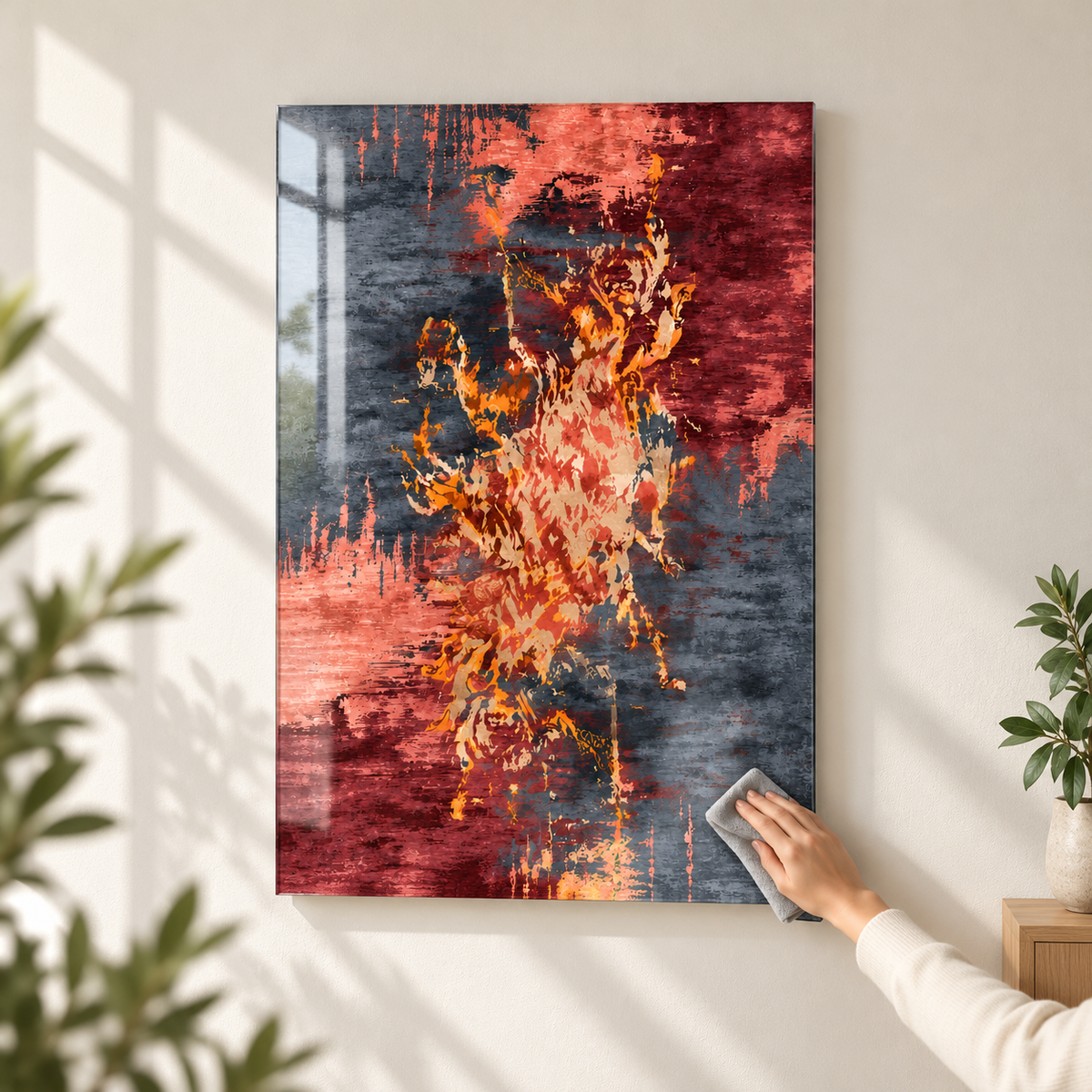 Gri Bordo Mercan Soyut Dikey Cam Tablo - Kolay temizlik