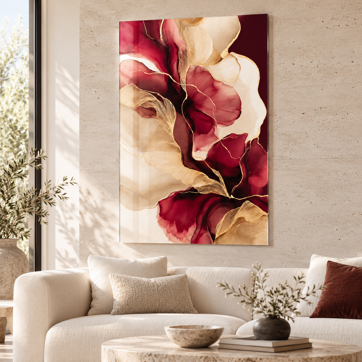Bordo Krem Altın Dokunuşlu Soyut Dikey Cam Tablo - Premium salon