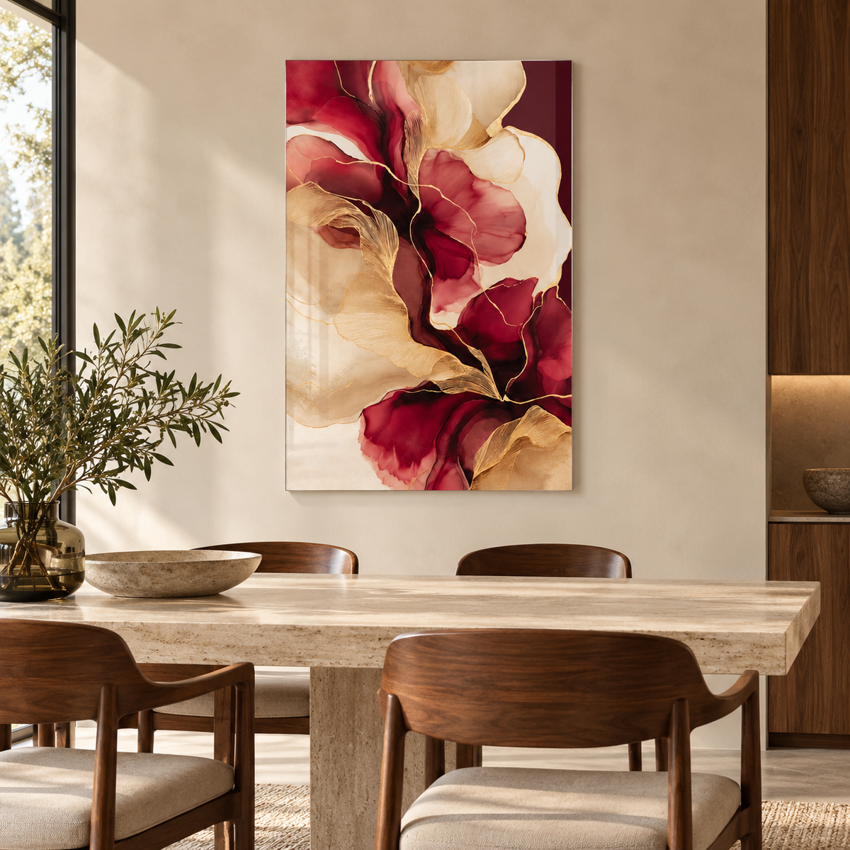 Bordo Krem Altın Dokunuşlu Soyut Dikey Cam Tablo - Yemek odası