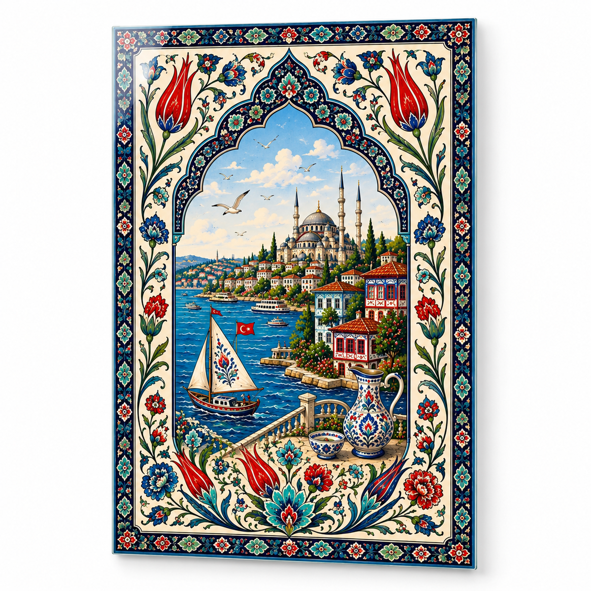 İstanbul ve Lale Motifli Dikey Cam Tablo - Beyaz zemin vitrin