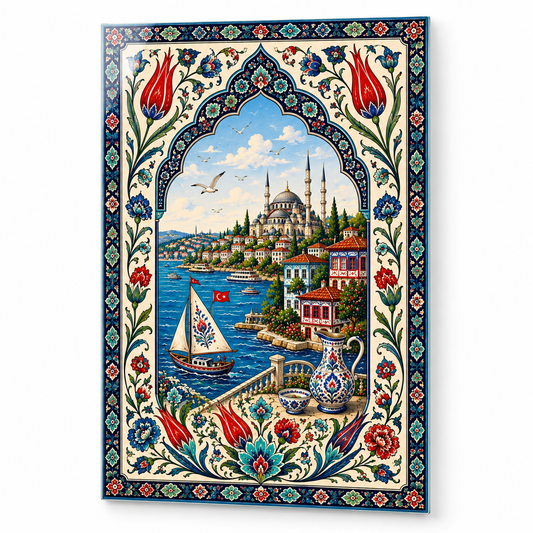 İstanbul ve Lale Motifli Dikey Cam Tablo - Beyaz zemin vitrin