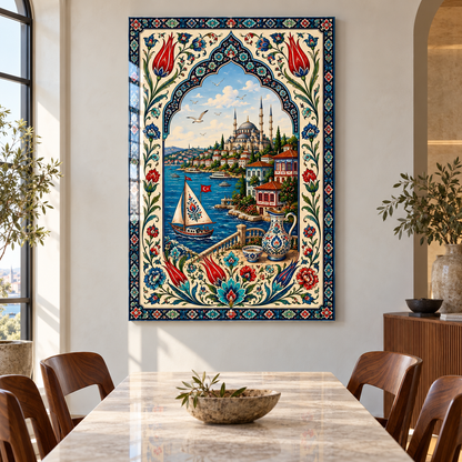 İstanbul ve Lale Motifli Dikey Cam Tablo - Yemek odası