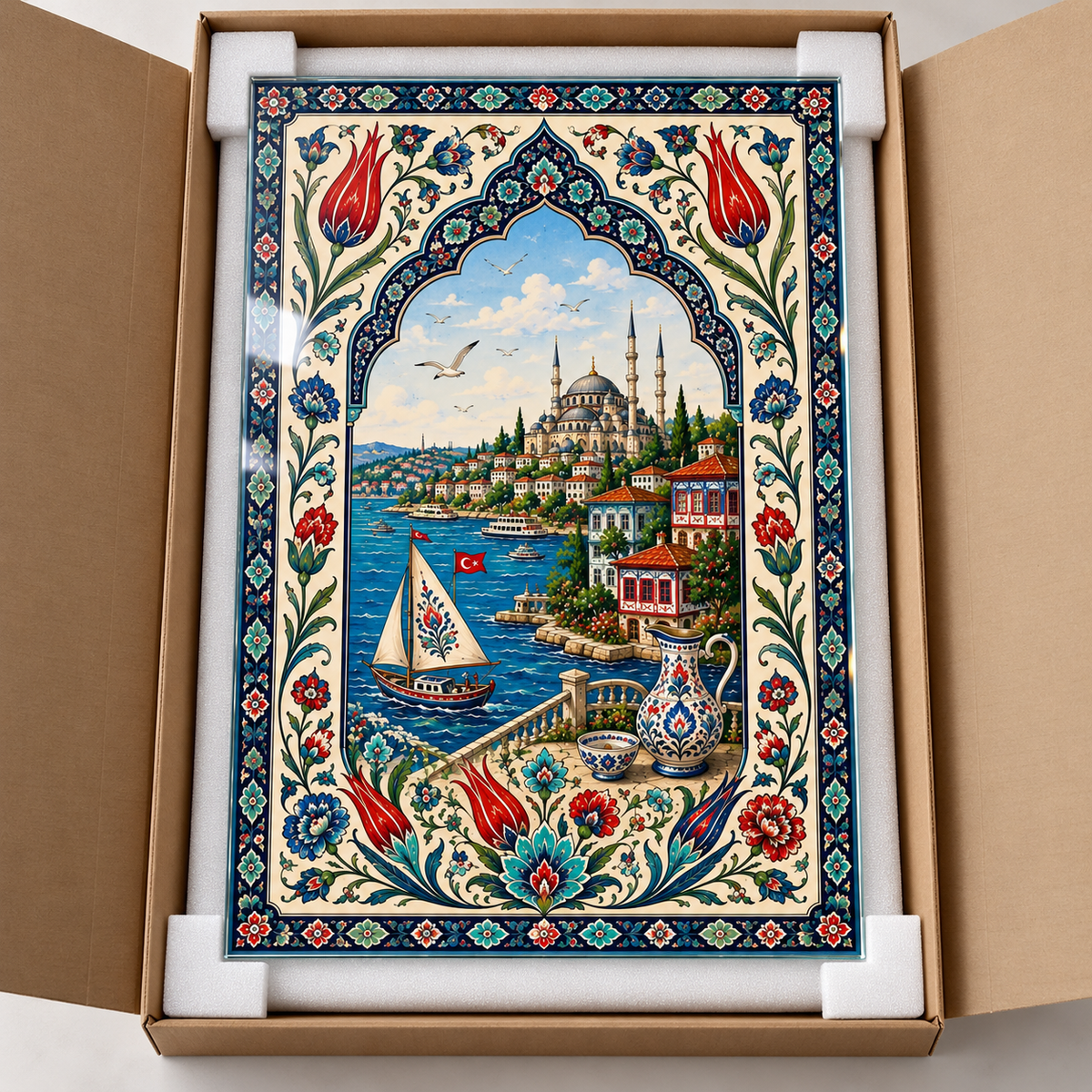 İstanbul ve Lale Motifli Dikey Cam Tablo - Koruyucu paketleme
