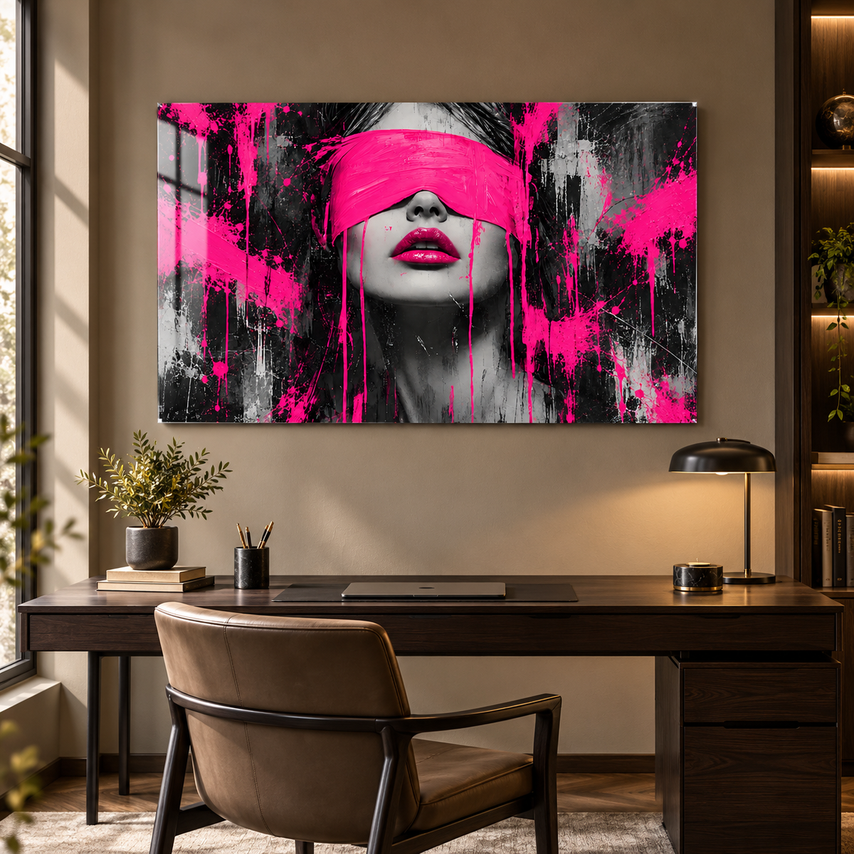 Pembe Siyah Grafiti Kadın Portresi Yatay Cam Tablo - Çalışma odası
