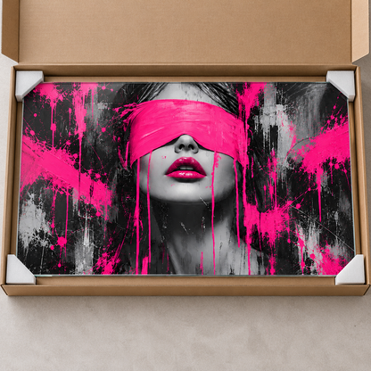 Pembe Siyah Grafiti Kadın Portresi Yatay Cam Tablo - Koruyucu paketleme