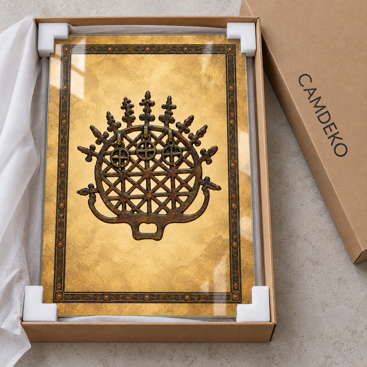 Altın Zeminli Bronz Güneş Kursu Dikey Cam Tablo - Koruyucu paketleme