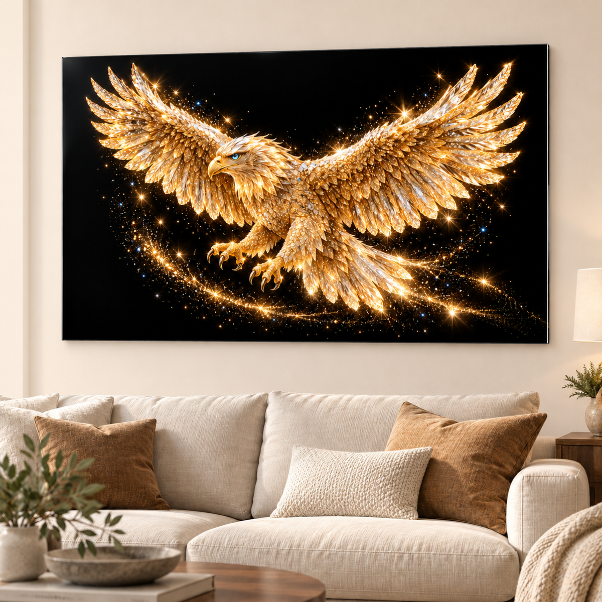 Altın Kristal Kartal Yatay Cam Tablo - Premium salon
