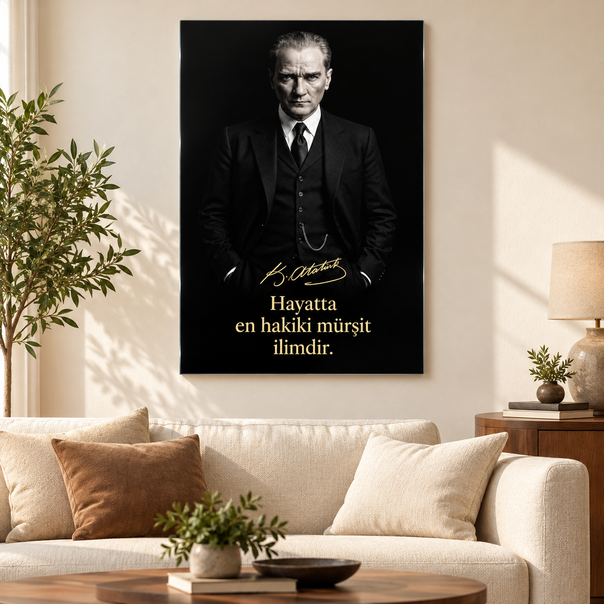 Altın Yazılı Atatürk Portresi Dikey Cam Tablo - Premium salon