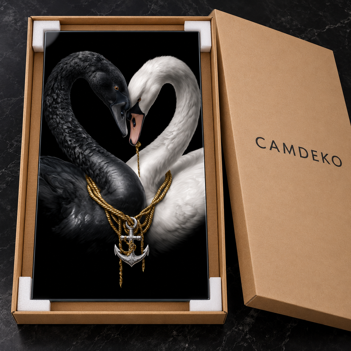 Çapa ve Altın Halatlı Siyah Beyaz Kuğular Dikey Cam Tablo - 8