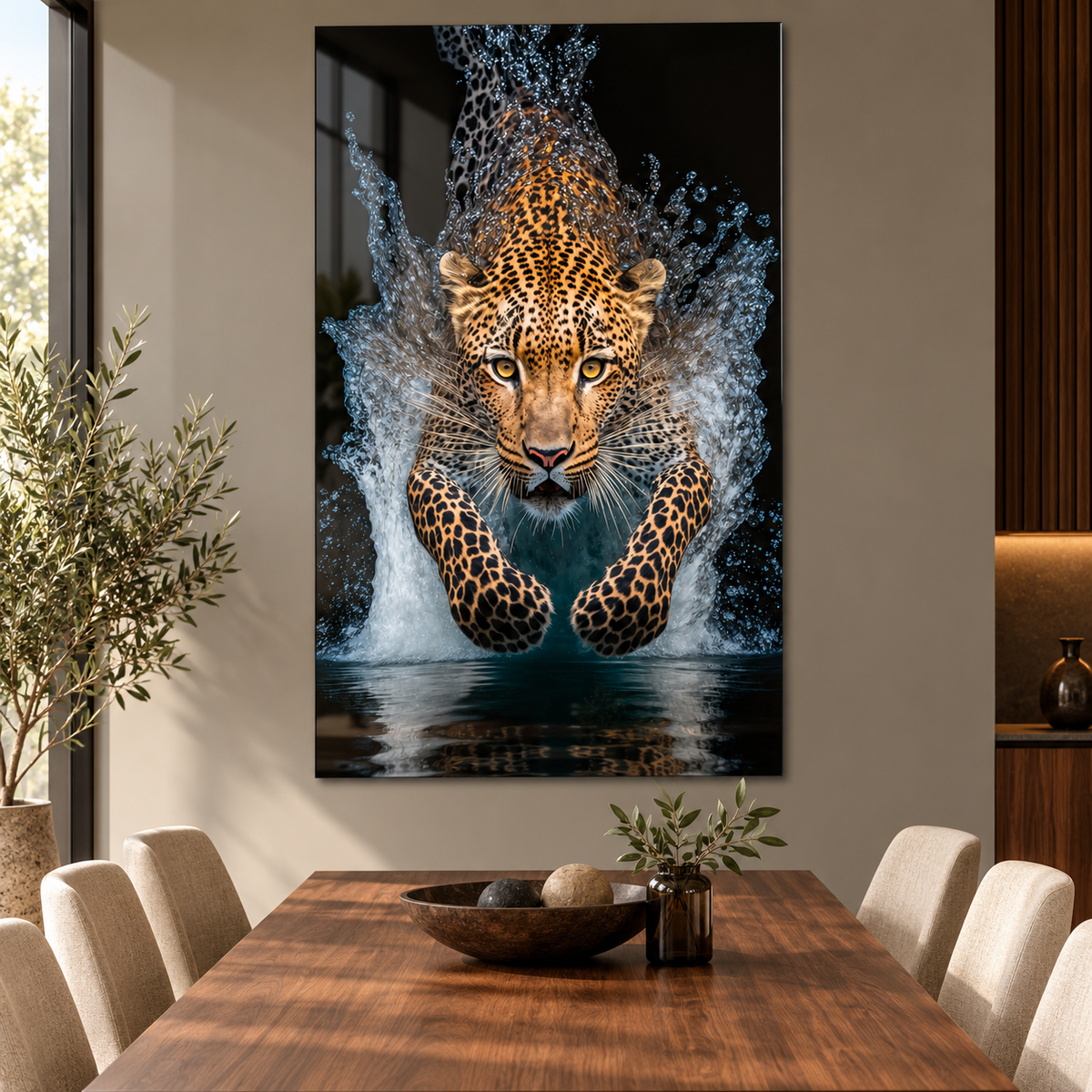 Su Sıçramaları İçinde Leopar Dikey Cam Tablo - 3